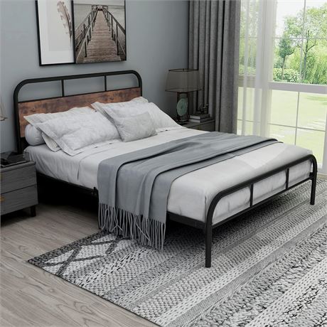 DUMEE Queen Bed Frame with Wooden Headboard and Footboard Metal Platform Bed