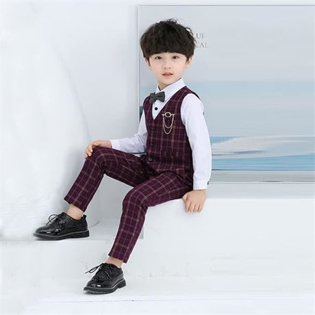 5T - Boys Plaid Suits Kids Formal Outfits Dress Shirts Vest and Pants Sets