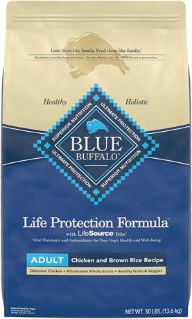 30LB -Blue Buffalo Adult Dry Dog Food, Chicken and Rice