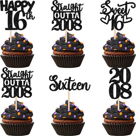 ZHUOWEISM 30PCS Black 16th Birthday Cupcake Toppers