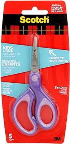 Scotch Kids Scissors, 1 Pair, Pointed Tip, Stainless Steel, Soft Grip, Purple