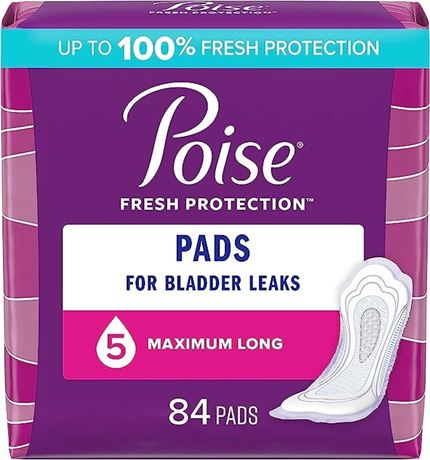 2 packs ,84 Count.Poise Incontinence Pads for Women, Maximum Absorbency, Long,