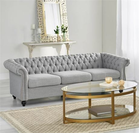 Parksley Tufted Chesterfield Fabric 3 Seater Sofa, Cloud Gray and Dark Brown