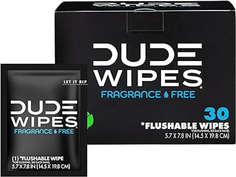 DUDE Wipes Flushable Wet Wipes 30 Wipes, Individually Wrapped for Travel, Unscen