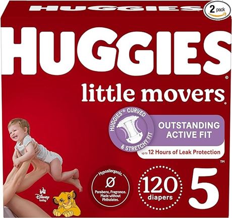 Huggies Size 5 Diapers, Little Movers Baby Diapers, Size 5 (27+ lbs), 120 Count