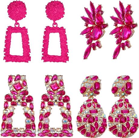 PATISORNA 4Pairs Pink Clip On Drop Earrings Set Rhinestone Statement Earrings