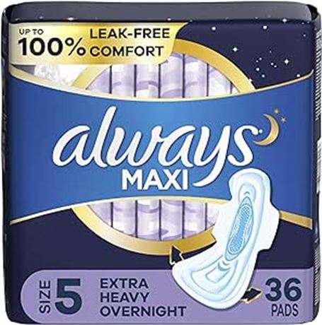 36CT Always, Maxi Pads For Women, Size 5, Extra Heavy Overnight Absorbency