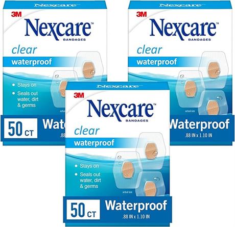 3x50 Pack Nexcare™ Clear Waterproof Bandages, Spot Size