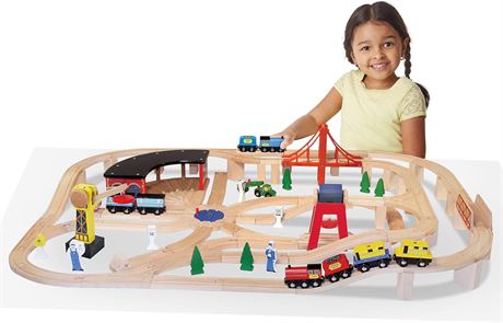 Melissa & Doug Wooden Railway Set, 130 Pieces | Wooden Train Set for Toddlers