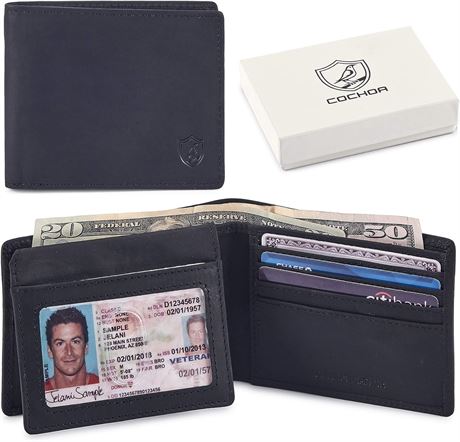 COCHOA Men's Real Leather RFID Blocking Stylish Bifold Wallet with 2 ID Window