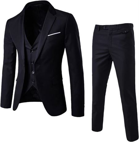 MED - WULFUL Men's Suit Slim Fit One Button 3-Piece Suit Blazer Dress Business