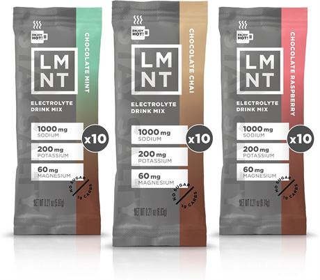 LMNT - Chocolate Medley (Mint, Chai, and Raspberry) Salt Electrolytes | Hydratio