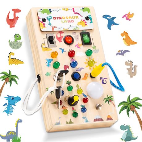 Dinosaur Montessori Busy Board Sensory Wooden Toddler Light Switch Toy LED