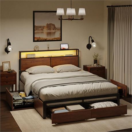 Queen HAUSOURCE Bed Frame with Storage Headboard and 4 Drawers LED Lights Metal