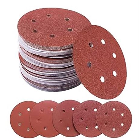 100 Pack 6-Inch 6-Hole Hook and Loop Sanding Discs, 60 80 120 180 240 Assorted