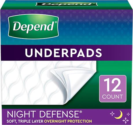 Depend Disposable Waterproof Underpads Overnight Absorbency, 12 Count
