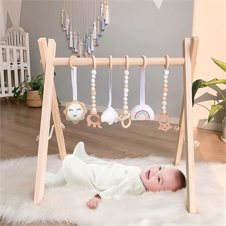 Wooden Baby Play Gym, WOOD CITY Foldable Baby Gym with 6 Hanging Sensory Toys