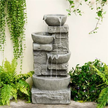 TEAMSON HOME OUTDOOR CASCADING BOWLS & STACKED STONE WATERFALL FOUNTAIN