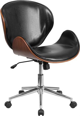 Flash Furniture Mid-Back Natural Wood Swivel Conference Chair in Black Leather