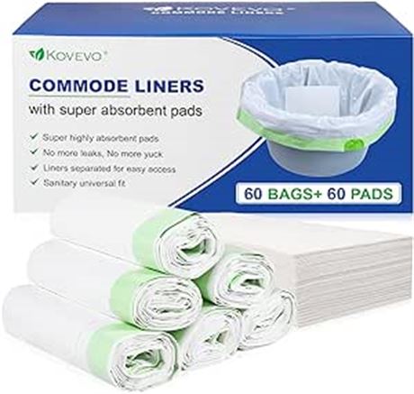 Kovevo 60 Pack Commode Liners with Absorbent Pads, 60 Bedside Commode Liners