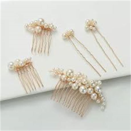 YERTTER Cream Ivory Beaded 5 pc Set Comb Pins accessory Bobby Pins