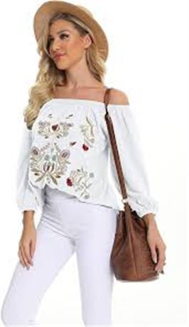 LRG - DUTUT Womens Sexy Off The Shoulder Tops Long Sleeve Boho Floral Embroider