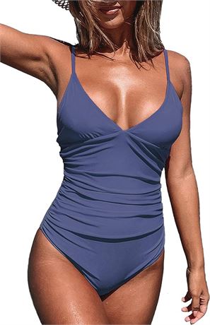 SMALL - CUPSHE Women's Shirring Design V-Neck Low Back One Piece Swimsuit