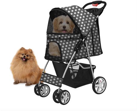 Pet Stroller (Dot Black) Dog Cat Small Animals Carrier Cage 4 Wheels Folding