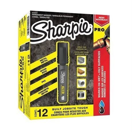 Sharpie Pro Permanent Marker, Medium, Chisel Tip, Black, Box of 12-Count Markers