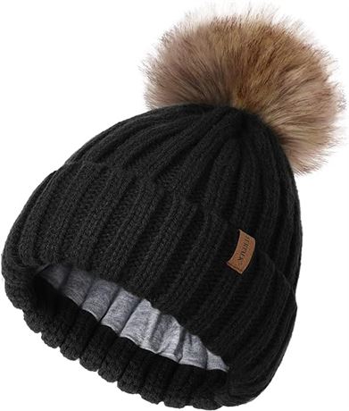 FURTALK Kids Winter Knitted Pom Beanie Bobble Hat Cotton Lined Faux Fur Ball Pom