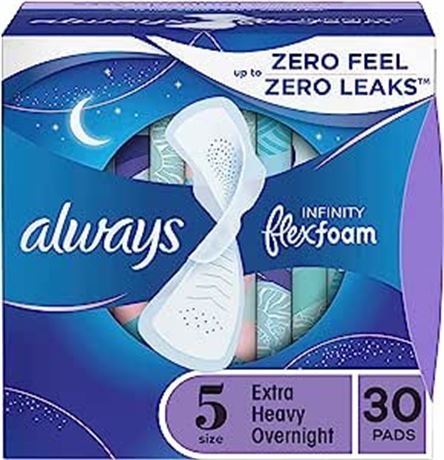 Always, Infinity With FlexFoam Pads For Women, Size 5, Extra Heavy Overnight Abs