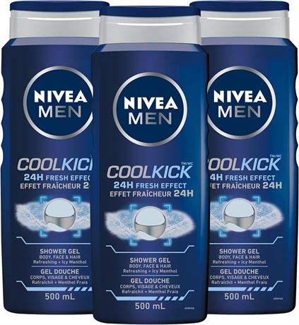 NIVEA MEN Cool Kick Body Wash | 3-in-1 Men Shower Gel (Body, Face & Hair), 3x500