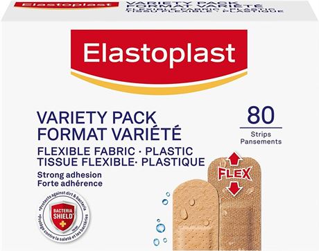80 Strips Elastoplast Plastic and Flexible Fabric Bandages, Variety Pack | Beige