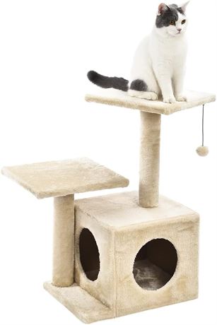 Dual Post Indoor Cat Tree Tower With Cave, 23"L x 18"W x 29"H, Beige