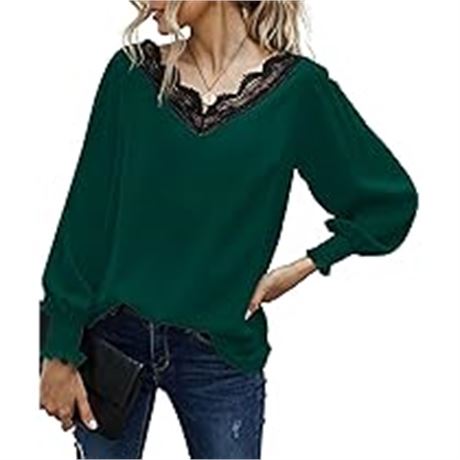 XL - She Di Women's Long Sleeve Tshirt V Neck Solid Elegant Pullover, Dark Green