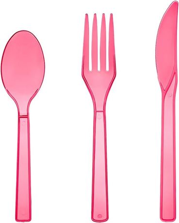 Party Essentials Plastic Cutlery Assortment and Knives/Forks/Spoons, Neon Pink,