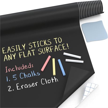 Kassa Large Chalkboard Adhesive Paper Roll - 17.3' x 8 Ft - 5 Chalks Included