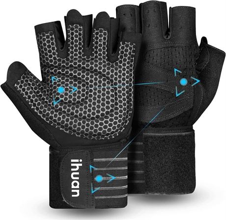 LRG - ihuan Ventilated Weight Lifting Gym Workout Gloves with Wrist Wrap Support