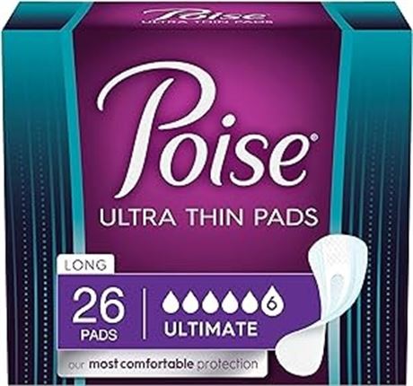 26ct Poise Ultra Thin Incontinence Pads for Women, Ultimate Absorbency, Long