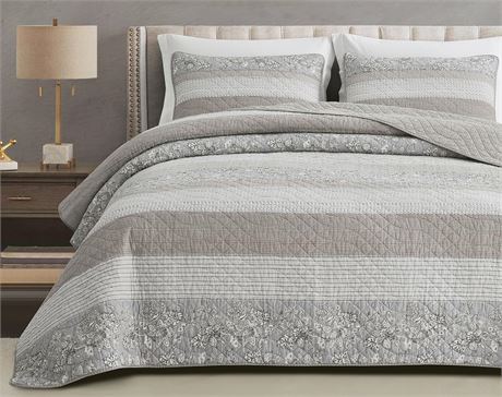 Queen -Chezmoi Collection Robyn 3-Piece Neutral Taupe Gray White Floral Hibiscus