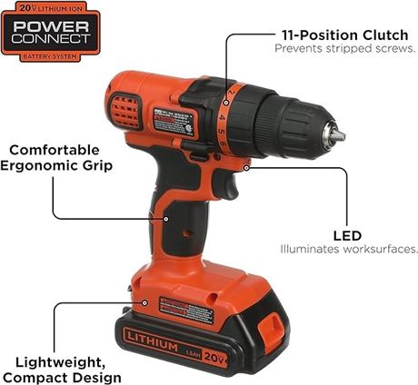 BLACK+DECKER 20V MAX* Cordless Drill / Driver, 3/8-Inch TOOL ONLY!