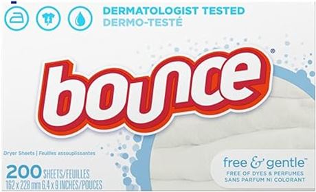 200Bounce Dryer Sheets Free & Gentle Unscented Hypoallergenic For Sensitive Skin