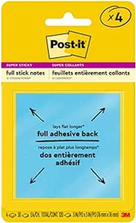 Post-it Super Sticky Full Adhesive Notes, 3 x 3-Inches, Assorted Ultra Colors, 4