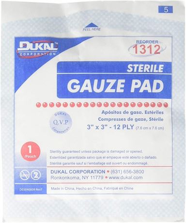 Dukal Corporation 8192 Sterile Gauze Pads, 3x3, 12 Ply, 100 per Box, White