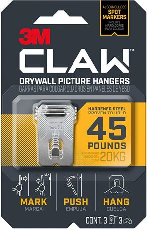 3 Pack - 3M Claw: Drywall Picture Hanger 45 lb. with Temporary Spot Marker