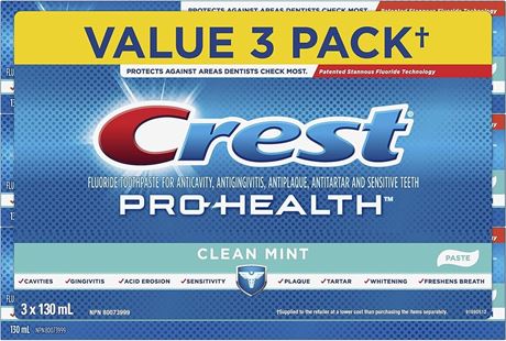 Pack of 3 Crest Pro-Health Toothpaste Smooth Formula, Clean Mint, 130 mL