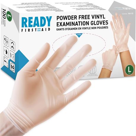 LRG - Ready First Aid - Disposable Vinyl Gloves, Medical Grade Powder-Free