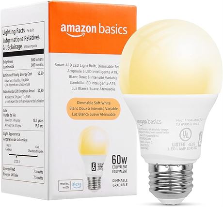 Amazon Basics Smart A19 LED Light Bulb, Dimmable Soft White