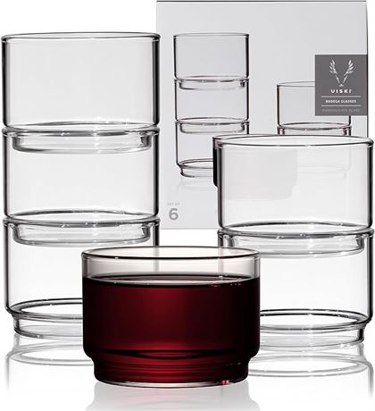 Viski Bodega Stackable Drinking Glasses Set-7oz Set of 6, Clear