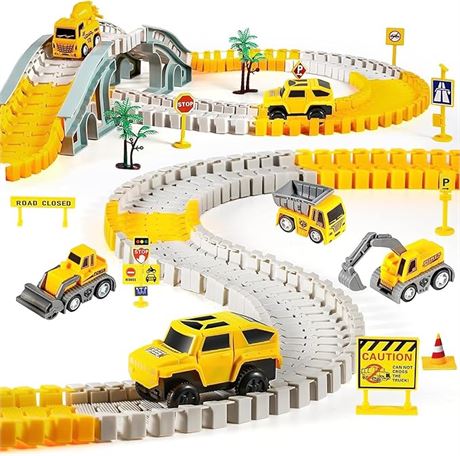 Kizplays 260 PCS Construction Race Tracks for Kids Toys, 2 Electric Cars, 4 Cons